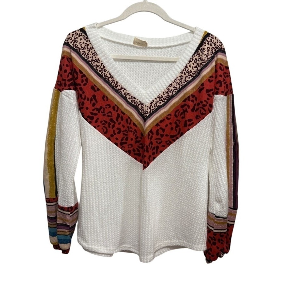 Lovely Melody Women S White Waffle Knit V Neck Leopard Print Top Soft Pullover S